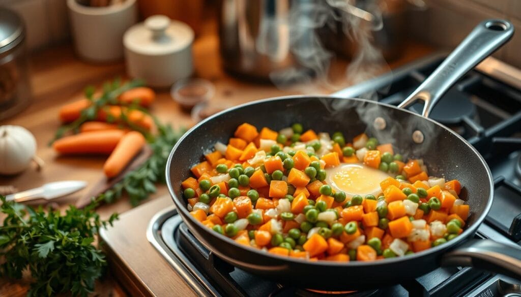 Sautéing vegetables for chicken pot pie filling